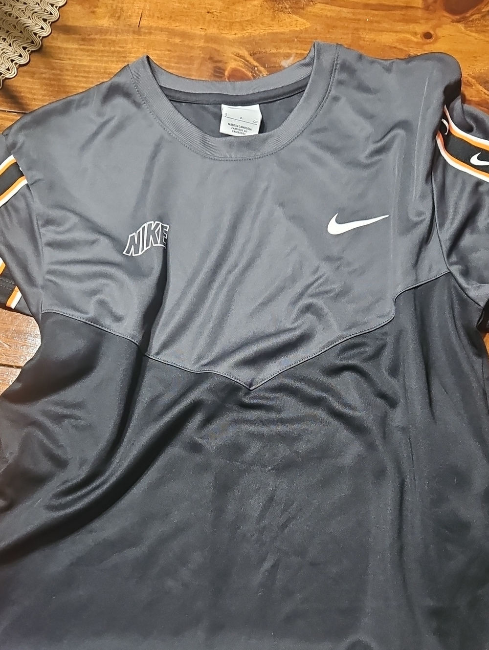 Nike Black and Gray Performance Tee with Orange Stripe Accents